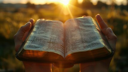 hands hold an open Bible, the sun's rays fall on the Bible.
