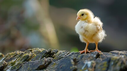 Delightful one day old chick on an oak surface with a soft typical roots