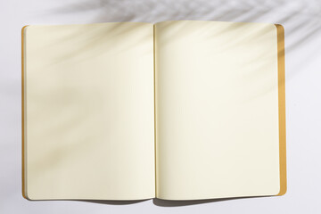 Fototapeta premium An open blank notebook lies on a surface, with copy space