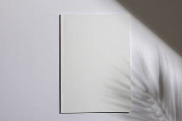 A blank white book casts a shadow on a plain background with copy space