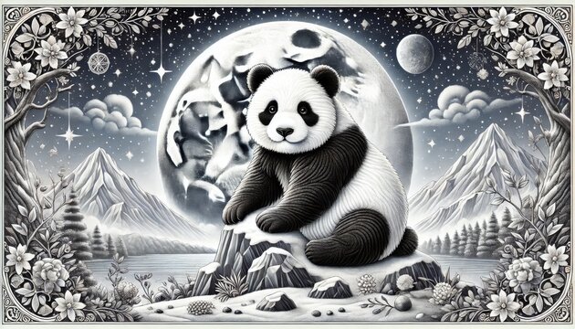 A detailed, well-focused image of a panda positioned against a backdrop of a full moon.