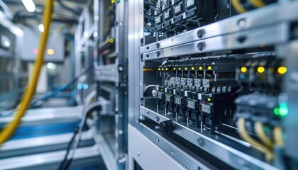 Close-up view of a data center server rack with network cables and switches, showcasing modern technology and infrastructure.