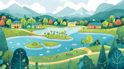 Knowledge river, feeding into curriculum lakes, flat design illustration