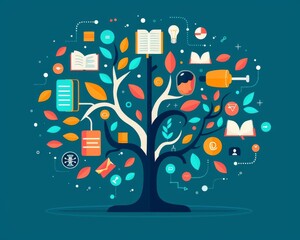 Obraz premium Knowledge tree, educational icons, flat design illustration