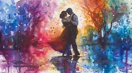 Fototapeta premium a watercolor artwork of a couple performing a dance routine amidst a lively and abstract painted environment, portraying rhythm and harmony.