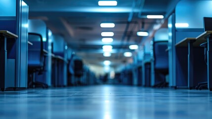 Obraz premium Corporate office interior with rows of cubicles and computer workstations, blurred background