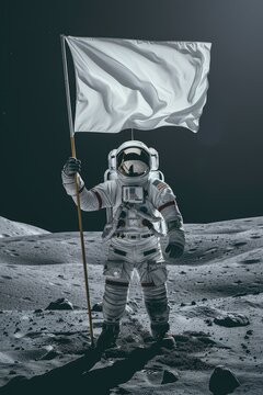 Astronaut with a white flag standing on lunar surface