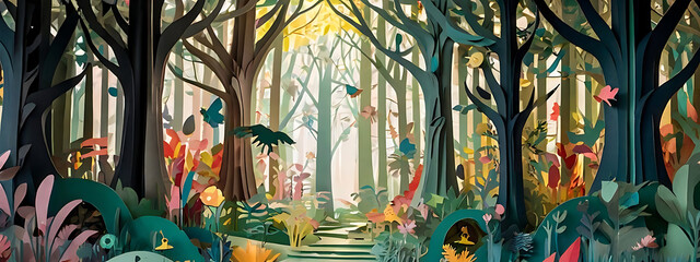 Obraz premium A magical forest made of paper cutouts, with mythical creatures, enchanted trees, and hidden fairy houses, creating a fantastical and enchanting world 