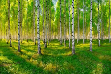 A breathtaking panoramic view of a dense birch forest in full summer bloom