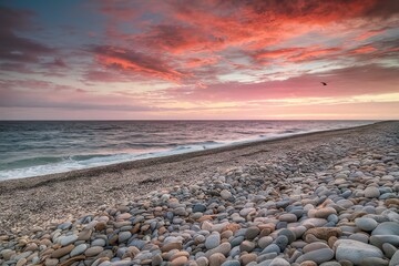 A serene and picturesque scene of a pristine pebble beach