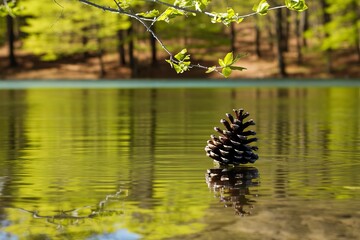Naklejka premium A serene, high-resolution photograph of a single pine cone floating gently on the surface of a pristine, mirror-like lake