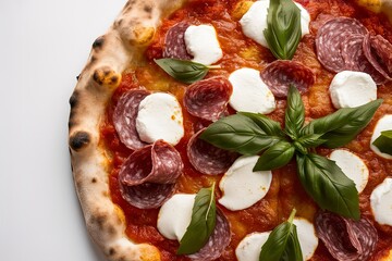 a pizza margarita with a twist, featuring fresh tomato slices, basil leaves, mozzarella cheese