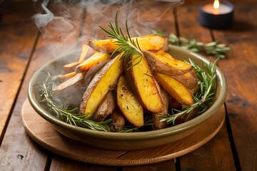 A warm and inviting image of a rustic bowl overflowing with golden brown roasted potato wedges