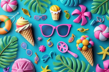 Fototapeta premium Vibrant flat design illustration featuring a collection of summer-themed clipart in a playful 3D style. Elements include sunglasses, beach balls, ice cream cones, palm trees, and flip-flops, all
