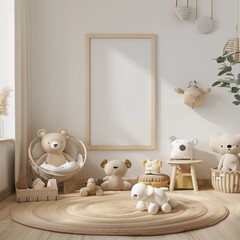 A cozy children's room features a neutral color palette with various plush toys and natural wooden furniture, centered around an empty picture frame on the wall. 3D render.