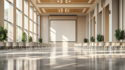 Business event in conference hall meeting room Seminar room indoor style Modern sized Large room big screen Frame Mockup chair wall background big window Warm mood