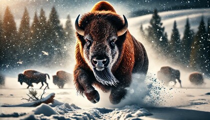 A powerful bison charging forward with snow flying around, capturing the intensity of a winter scene.