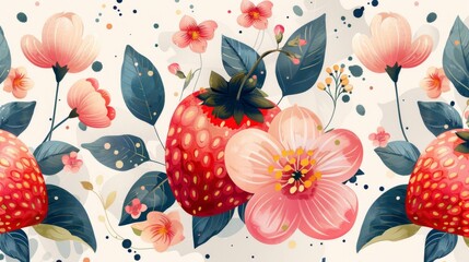 Vibrant Watercolor Floral and Strawberry Pattern
