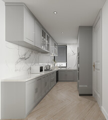 Modern Contemporary kitchen room 3d render.