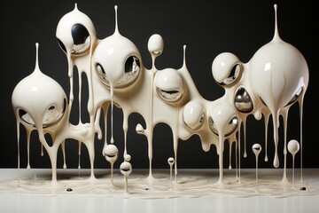Abstract Composition of Melted White Liquid with Silver Spheres