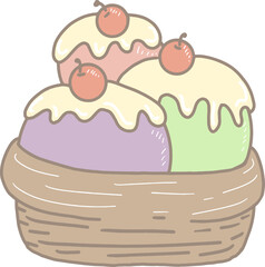 Colorful cartoon popsicles with three strawberries, lemons, and grapes in one cup, all in a wooden cup. Decorate with cream and cherries