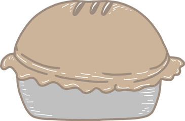 Cartoon pie in a brown metal pan baked until puffed and round with three lines on the top