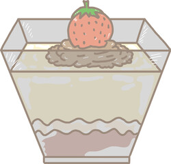 Cartoon Panna Cotta Cream Cheese divided into layers of strawberries and milk cream cheese, decorated with strawberries and chocolate cream