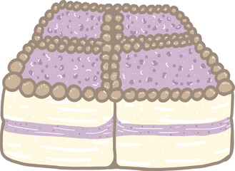 Cartoon blueberry cake cut into squares and topped with purple blueberry jam. and chocolate cream
