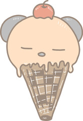 Cartoon orange flavored ice cream decorated in the shape of a bear with chocolate cookie ears. There's a big cherry on top of his head. and put it in a conical base