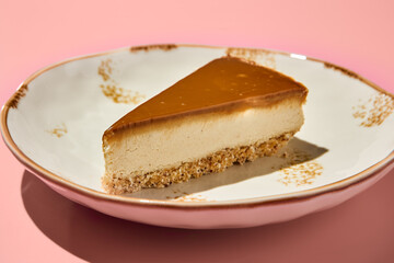 Vegan Cashew Cheesecake with Salted Caramel on Coconut Milk Base - Pastel Minimalism Concept Photography