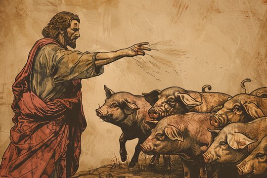 Biblical Illustration of Jesus casting out legion of demons into pigs.