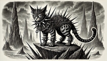 A fierce feline with spiked accessories, standing on a rocky outcrop, with a misty background to emphasize its menacing presence.