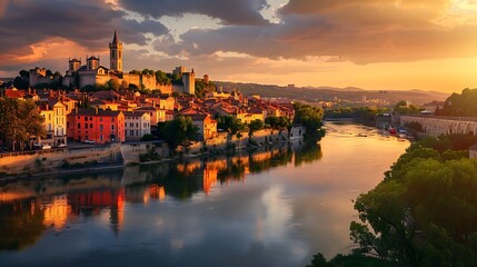 Downtown medieval city and the rhone river at sunset in the golden hour