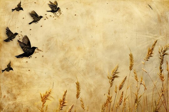 Biblical illustration of the parable of the sower with birds eating seeds.