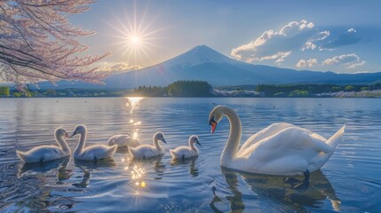 Mother swan and baby swan in the lake in the warm sunshine With cherry blossoms blue sky and Mount Fuji in the background