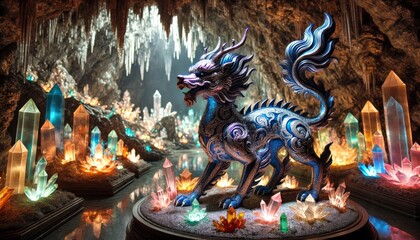 A metallic blue dragon dog at the entrance of a cave filled with glowing crystals of various colors, reflecting light off its intricate, decorative bo.