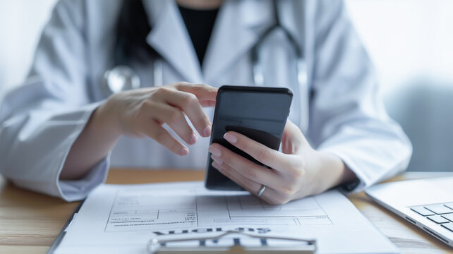 Doctor using mobile smartphone.