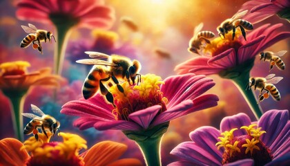 A detailed close-up shot of bees pollinating vibrant flowers.