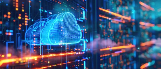 Obraz premium Cloud backup solutions ensuring data security, close up, reliable storage, futuristic, overlay, data center backdrop