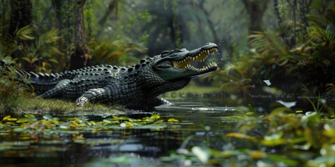 Fototapeta premium Crocodile ambush, nature background close up, surreal, composite, swamp backdrop