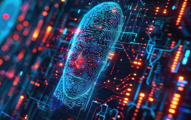 Detailed 3D model of identity verification with fingerprint and facial scan, focus on, technology theme, vibrant, composite, digital interface backdrop