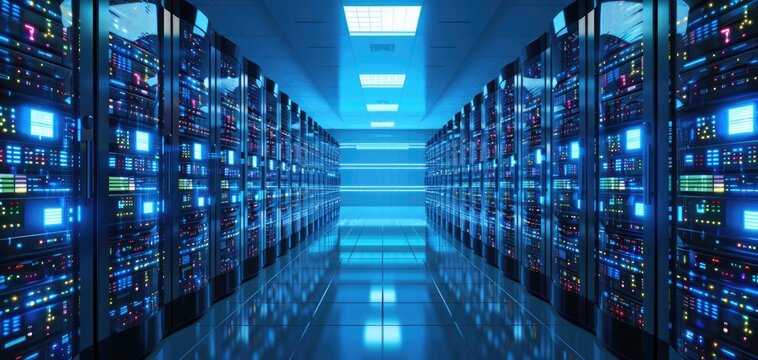 Cloud infrastructure enabling seamless business operations, focus on, scalable solutions, vibrant, composite, corporate server room backdrop