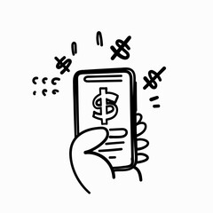 Fototapeta premium hand drawn doodle hand holding mobile phone with money sign