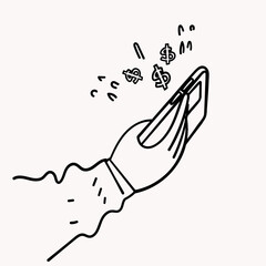 hand drawn doodle hand holding mobile phone with money sign
