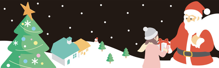 バナー　フレーム　クリスマス　アイソメトリック　サンタクロース　街並み　背景　イラスト素材