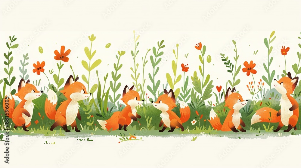 Poster a painting of foxes in a grassy field with a butterfly in the background is optimal text