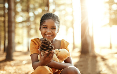 Portrait, smile or child with teddy bear in nature for love, orphan or toy for support, therapy...