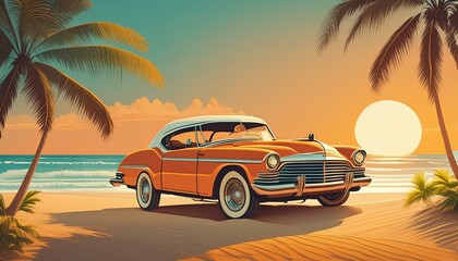 Timeless Elegance: Classic Muscle Car at the Beach - Vintage Illustration Vector