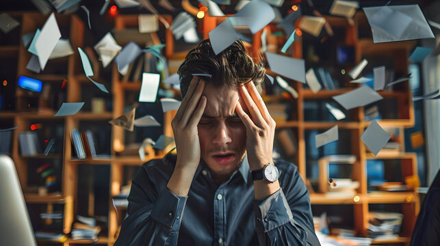 powerful visual metaphor of social media addiction, with a Business man head bursting open from the pressure of excessive information.information illustrated by a  brain exploding .