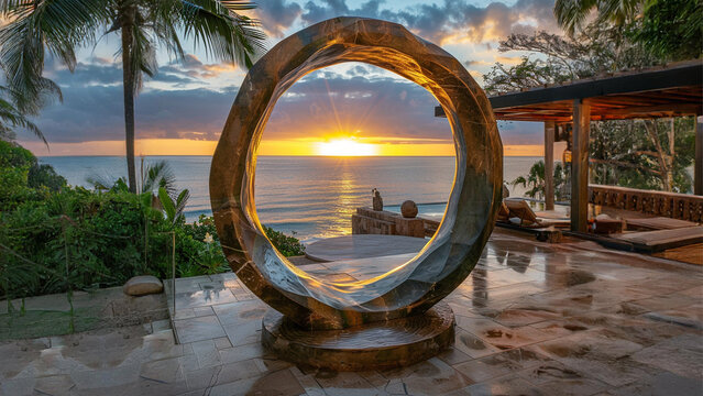 a large marble ouroboros acts as a portal from The honeymoon suite into the private ocean front patio where the sunset Glows with warm hues